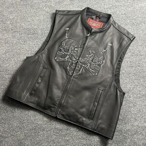 First Racing Leather Vest Mens XL Black Biker Skull Graphic Full Zip Pockets